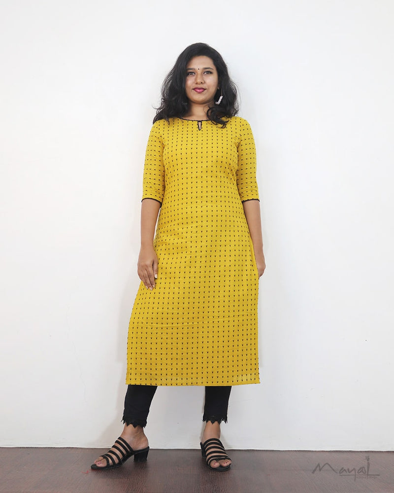 Yellow Self Design Jacquard Cotton Kurta