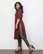 Maroon Cotton Kurta With Minimal Embroidery