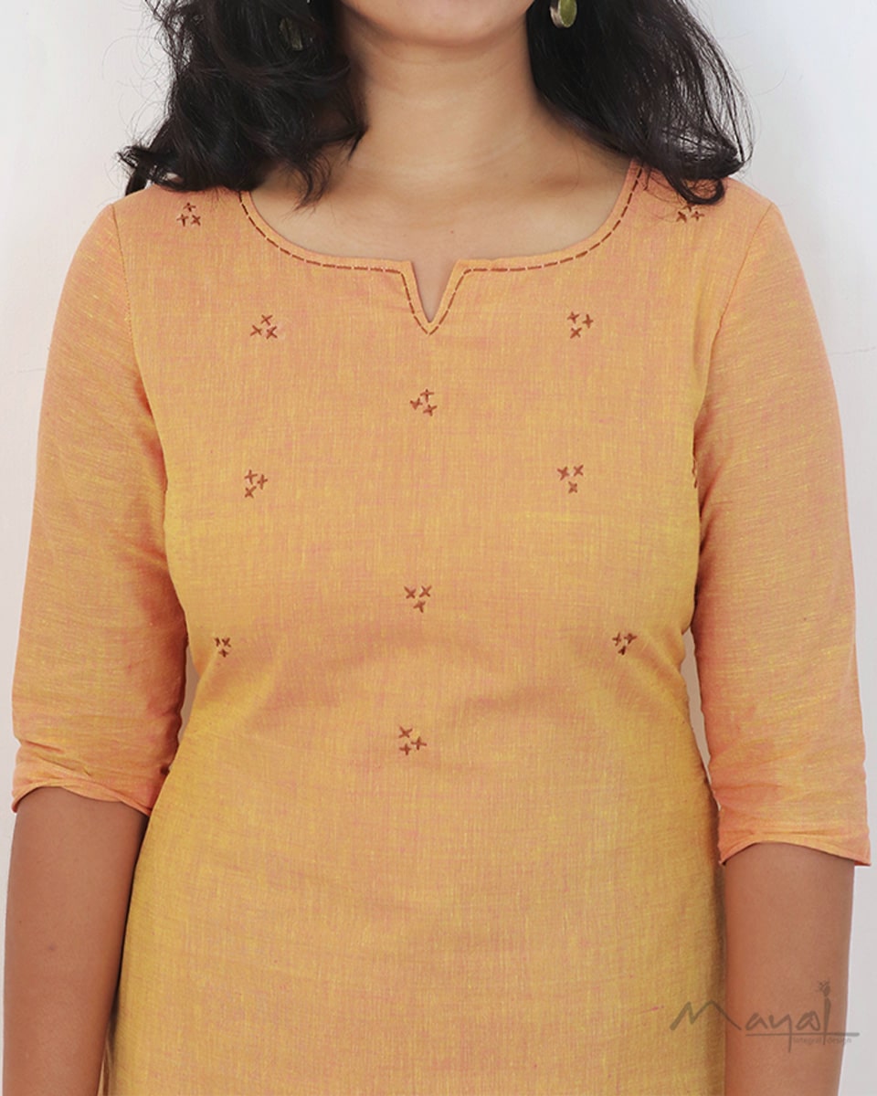 Mock Orange Cotton Kurta With Minimal Embroidery