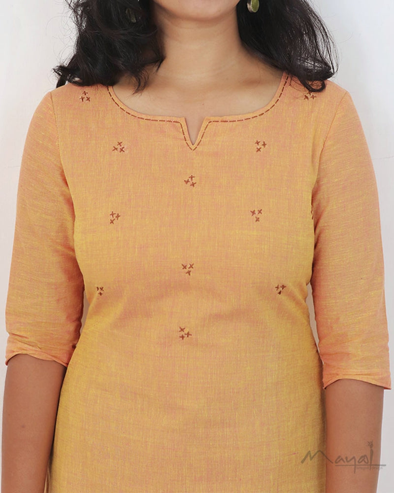 Mock Orange Cotton Kurta With Minimal Embroidery