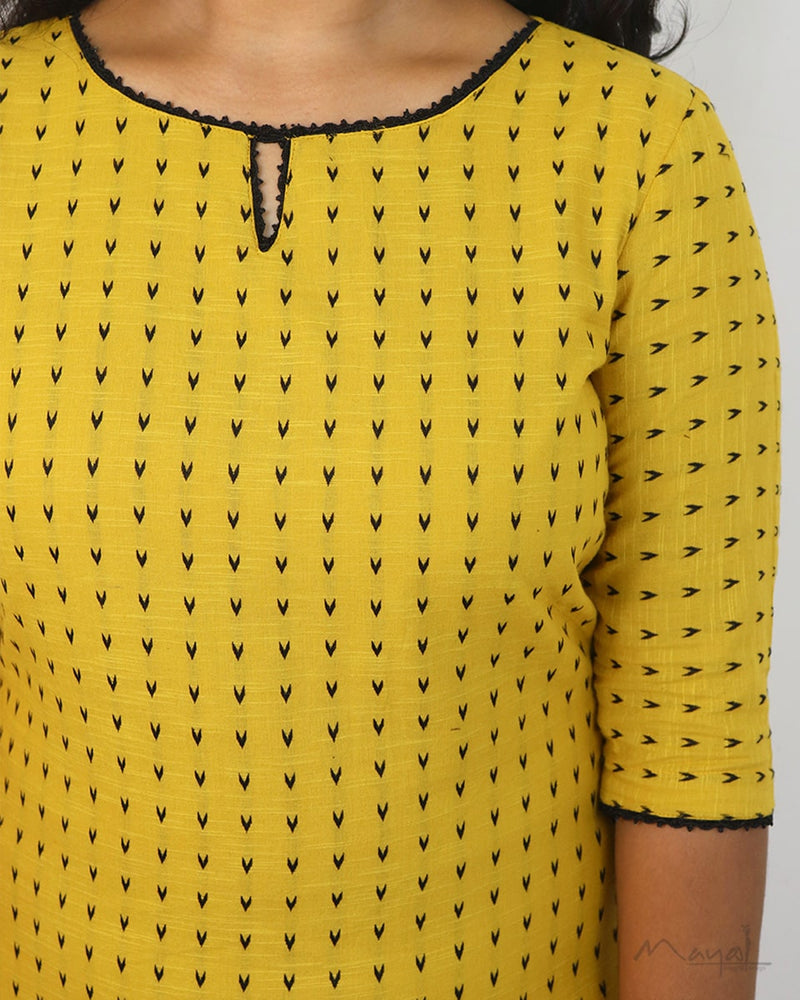 Yellow Self Design Jacquard Cotton Kurta