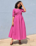 Magenta Pink Cotton Twirl Dresses with Hand Embroidery