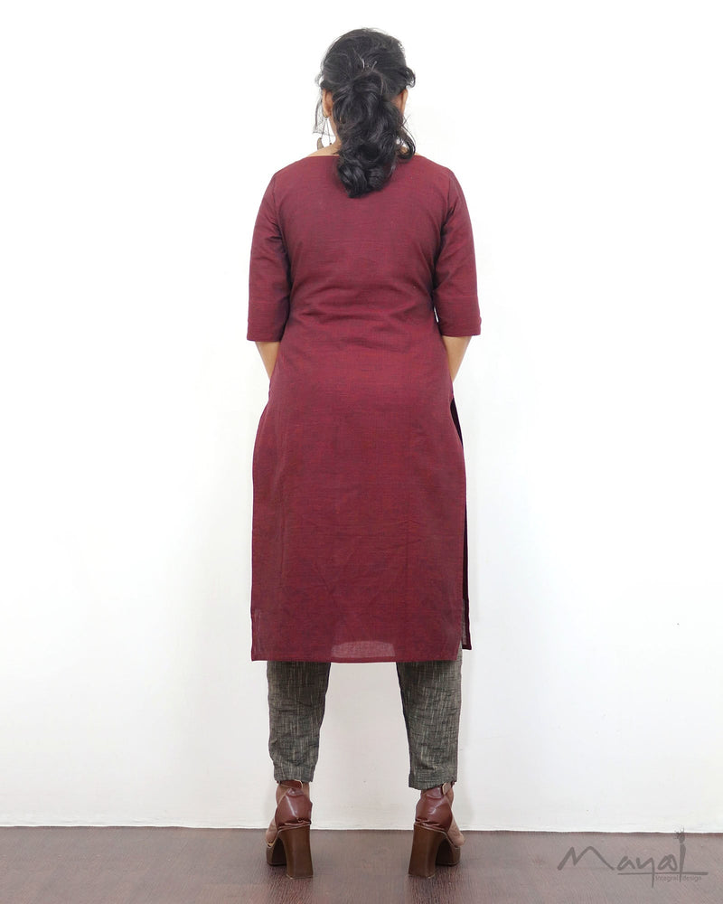 Maroon Cotton Kurta With Minimal Embroidery