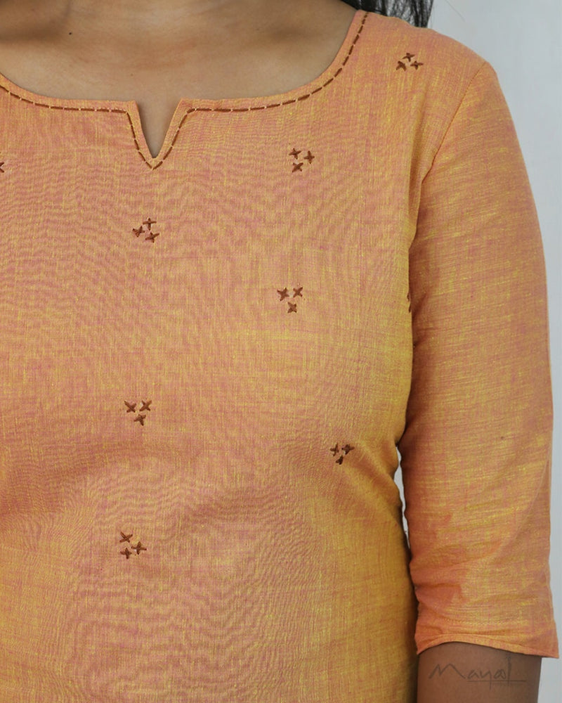 Mock Orange Cotton Kurta With Minimal Embroidery
