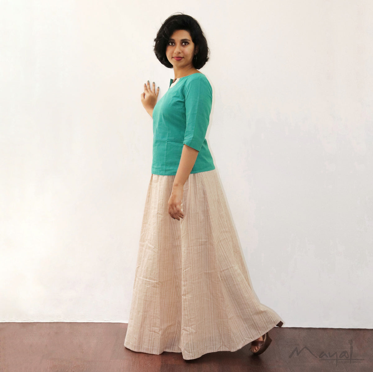 Green Short Top Minimal Embroidery