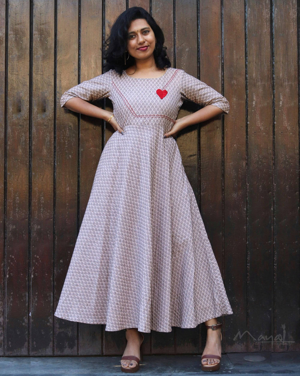 Almond Self Design Jacquard Twirl Dresses