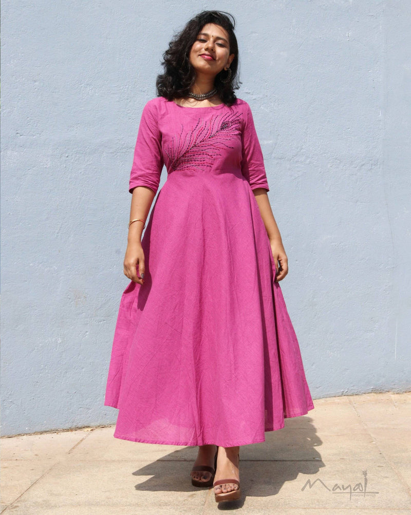 Magenta Pink Cotton Twirl Dresses with Hand Embroidery