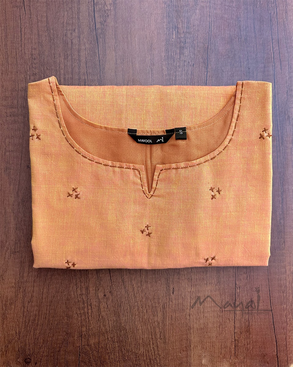 Mock Orange Cotton Kurta With Minimal Embroidery