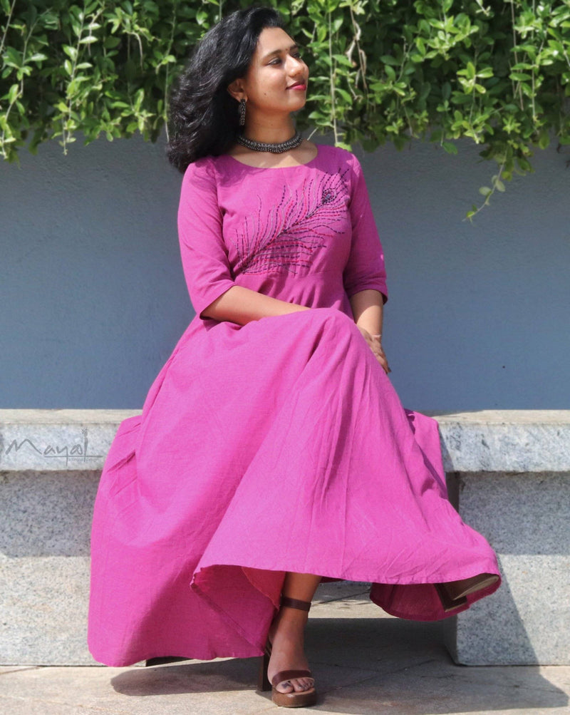 Magenta Pink Cotton Twirl Dresses with Hand Embroidery