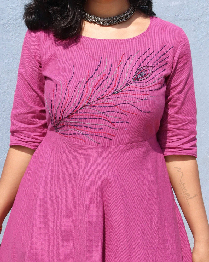 Magenta Pink Cotton Twirl Dresses with Hand Embroidery