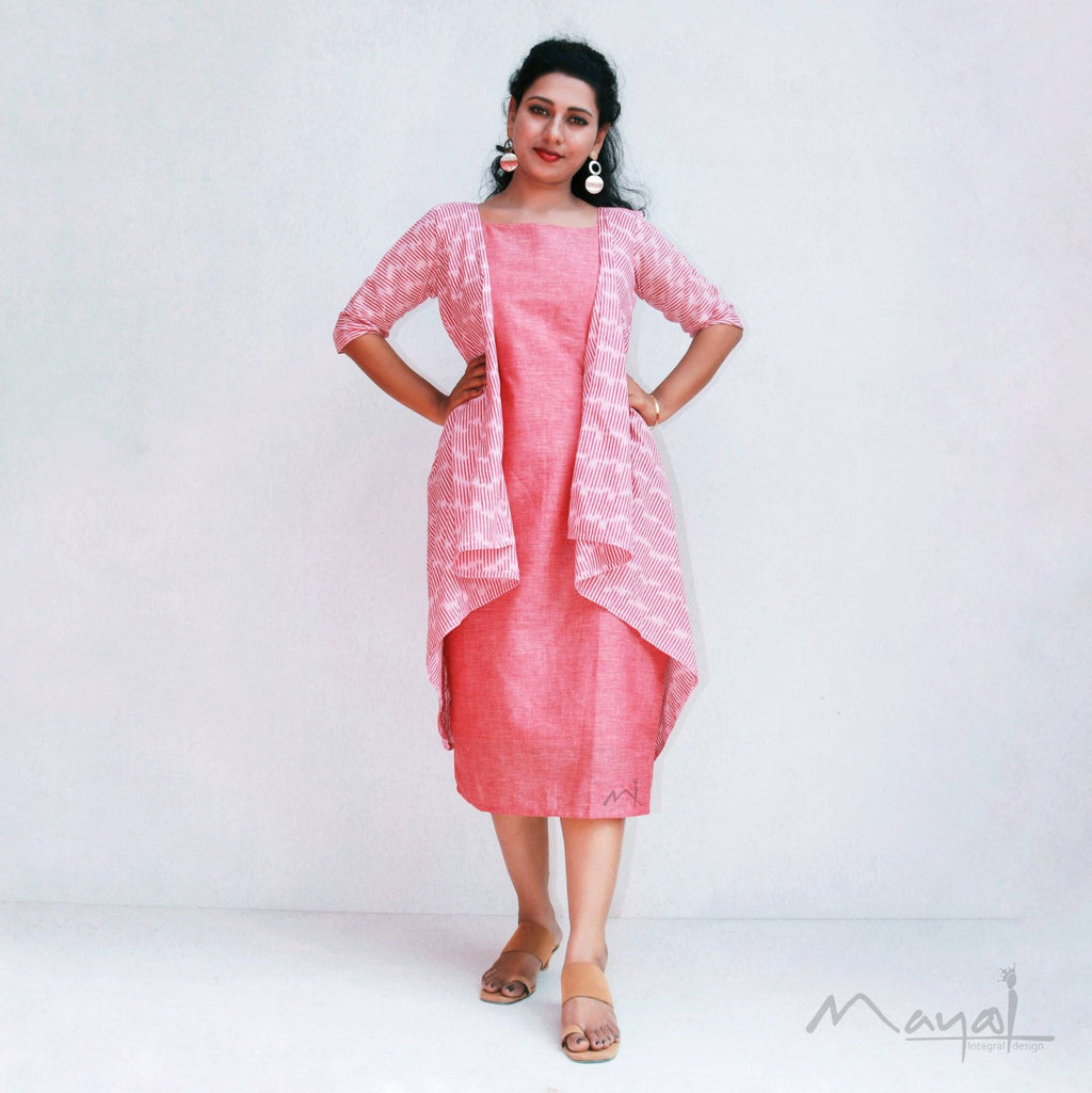 Pink Sleeveless Cotton Fit Dresses With Shrug