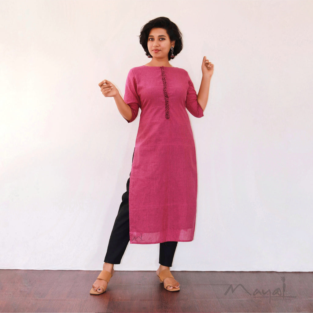 Magenta Pink Kurta With Minimal Embroidery