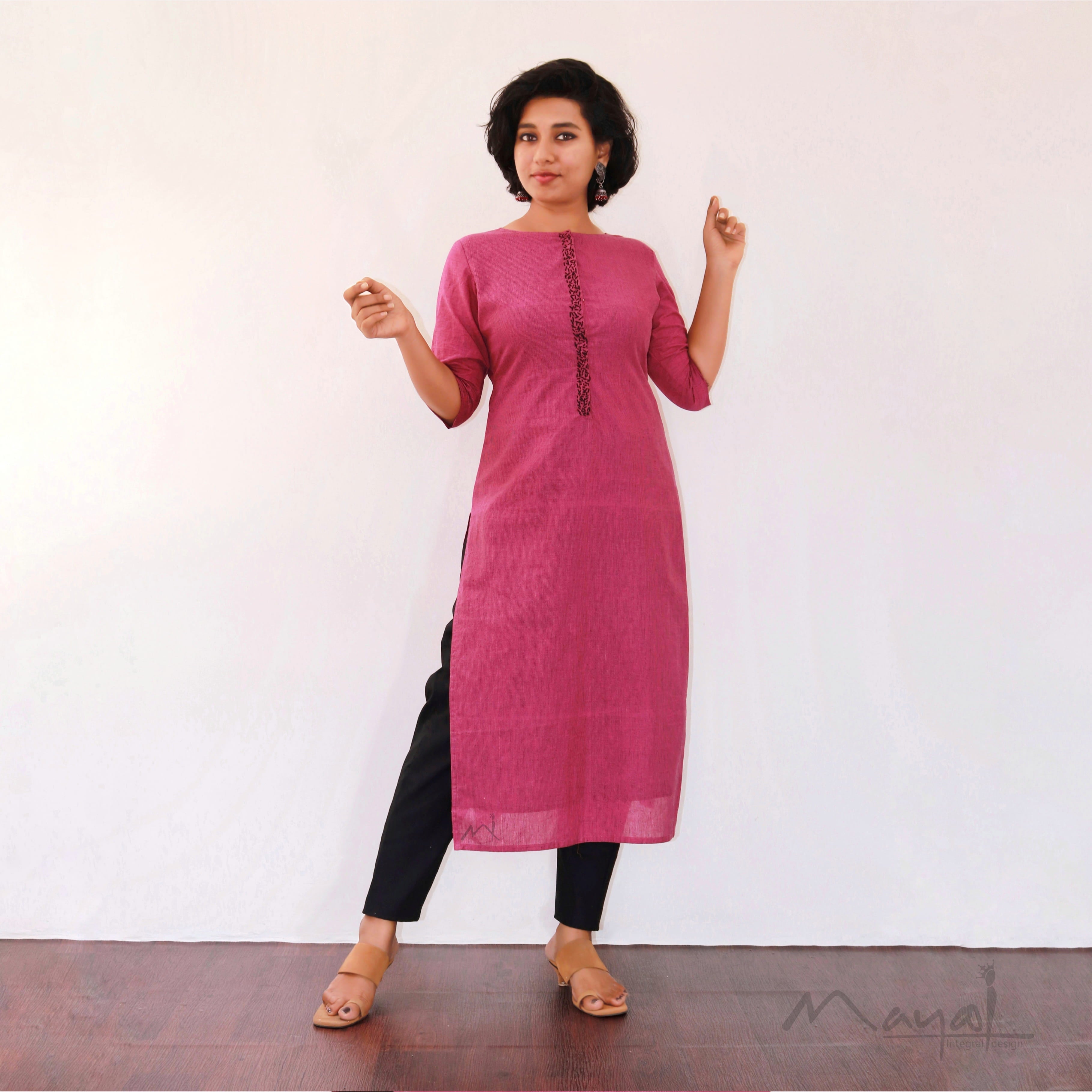 Magenta Pink Kurta With Minimal Embroidery