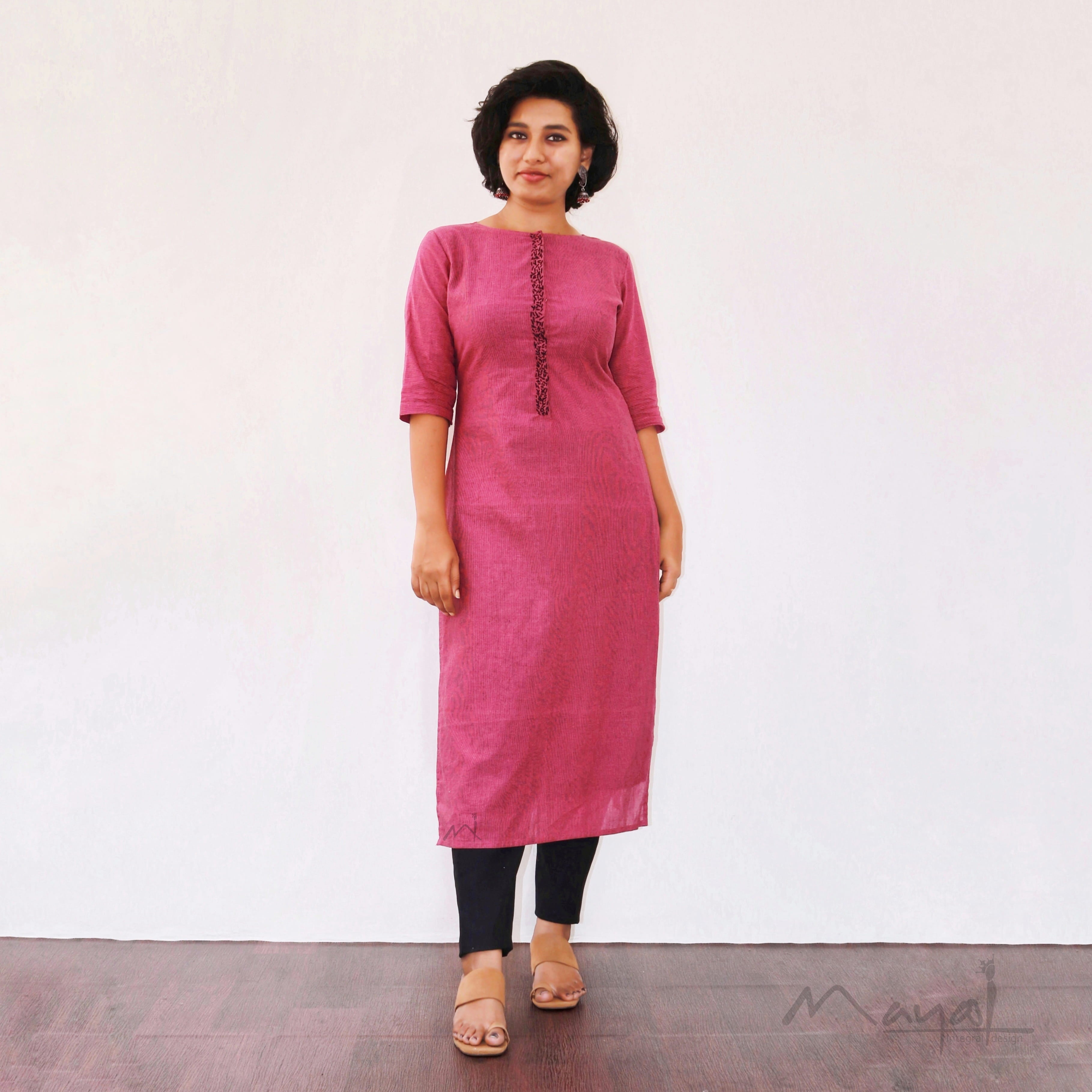Magenta Pink Kurta With Minimal Embroidery
