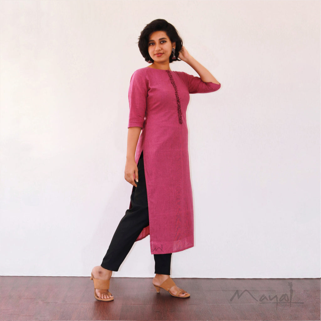 Magenta Pink Kurta With Minimal Embroidery