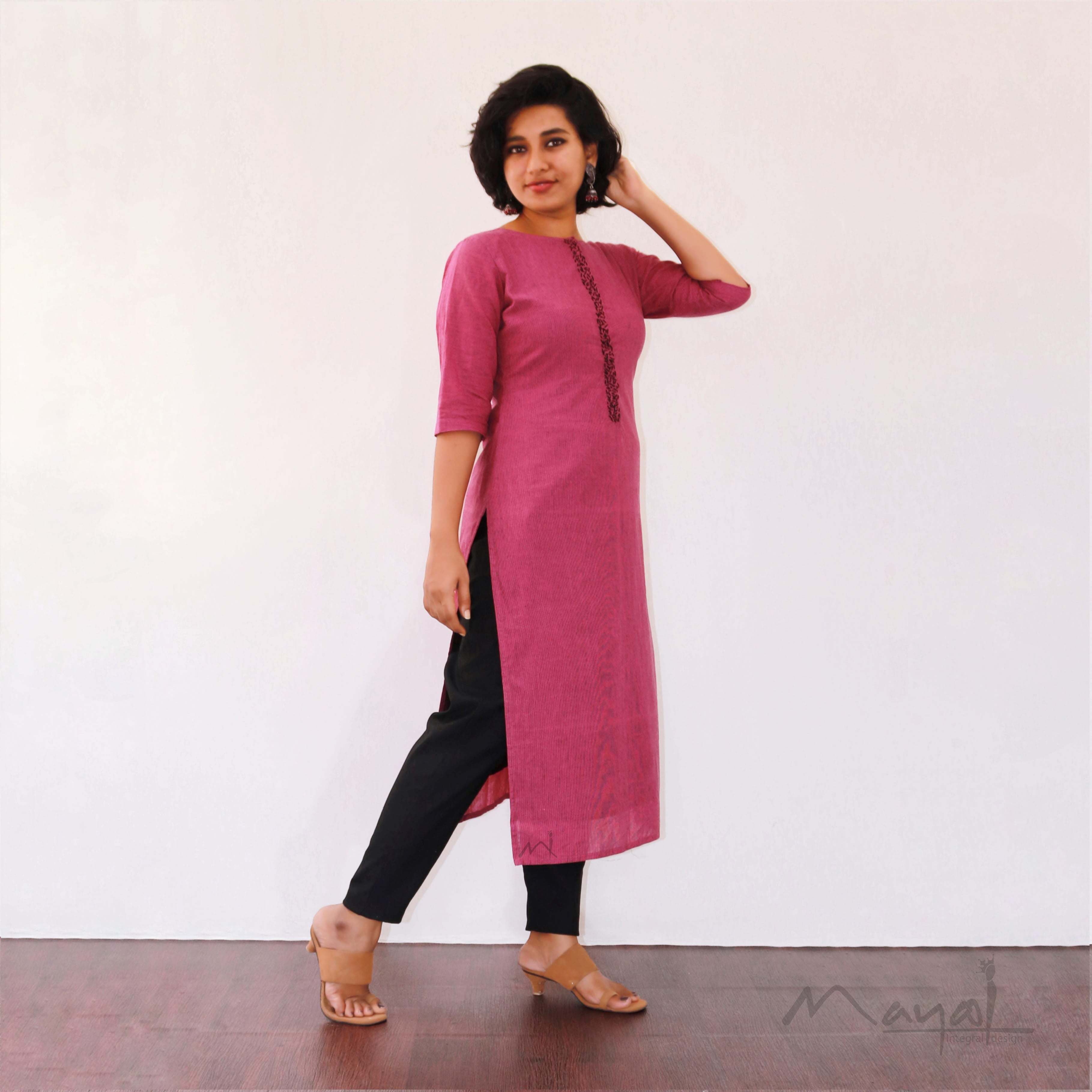 Magenta Pink Kurta With Minimal Embroidery