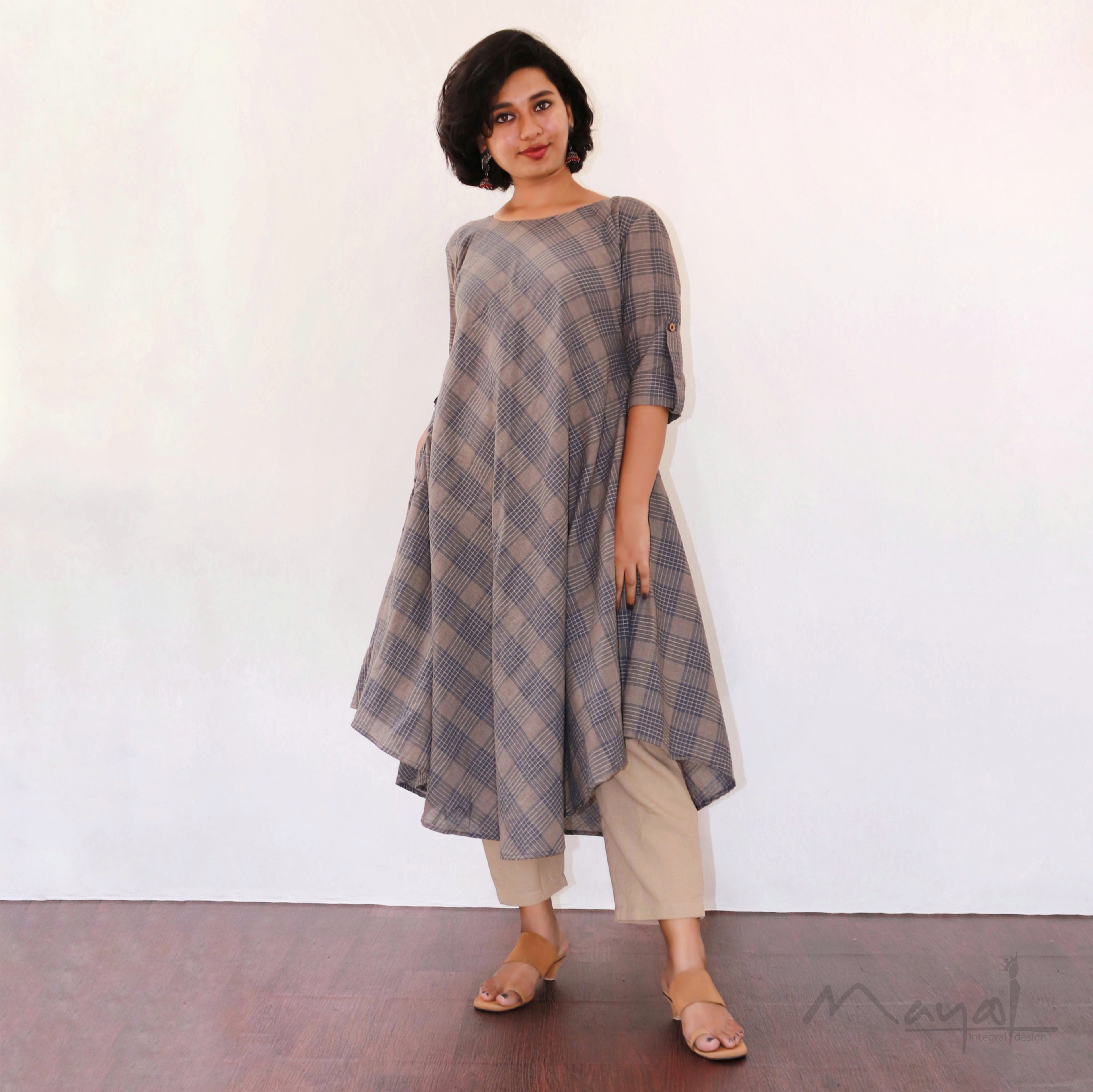 Tan Slate Grey Asymmetrical Dresses With Pant