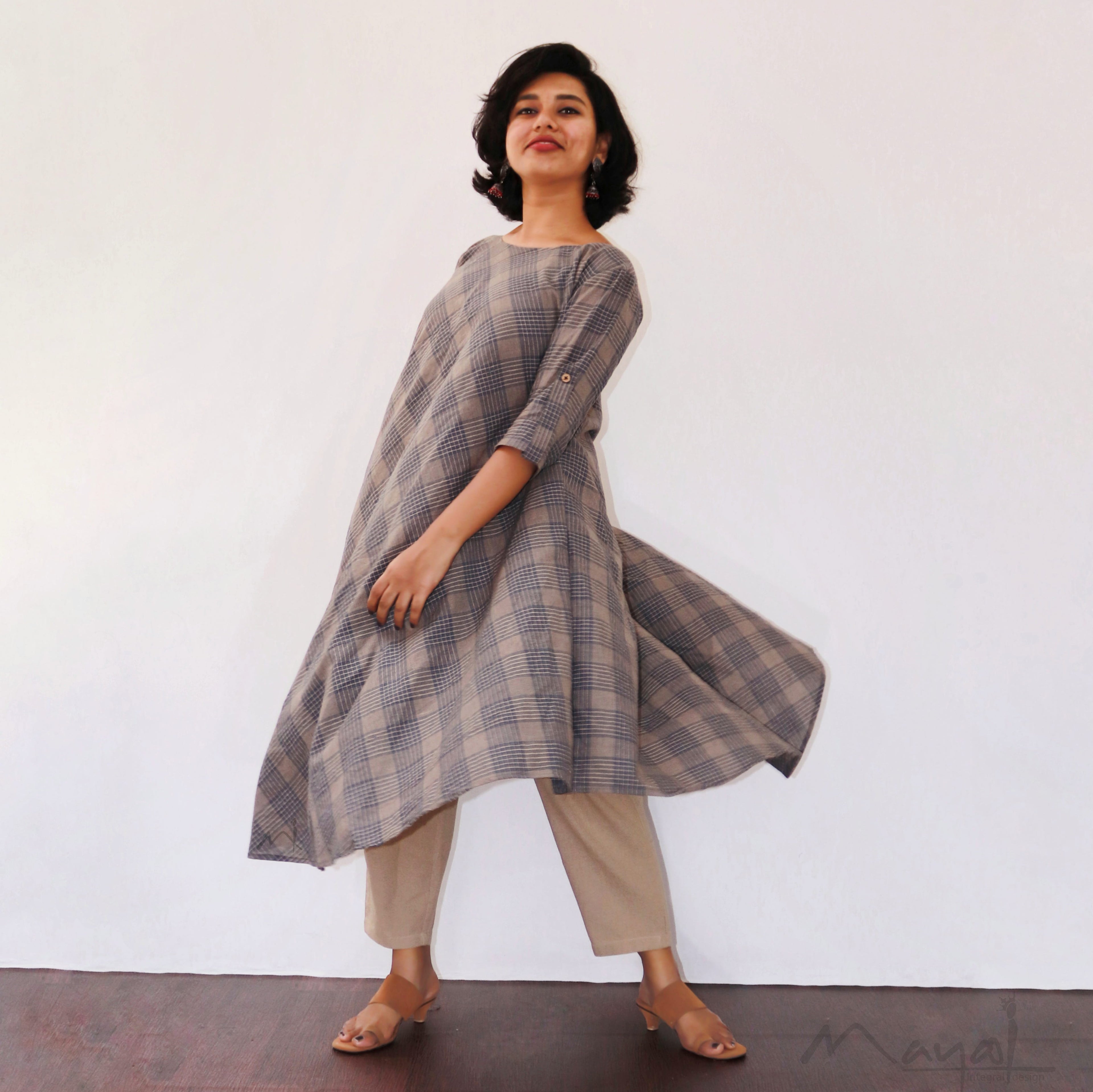 Tan Slate Grey Asymmetrical Dresses With Pant