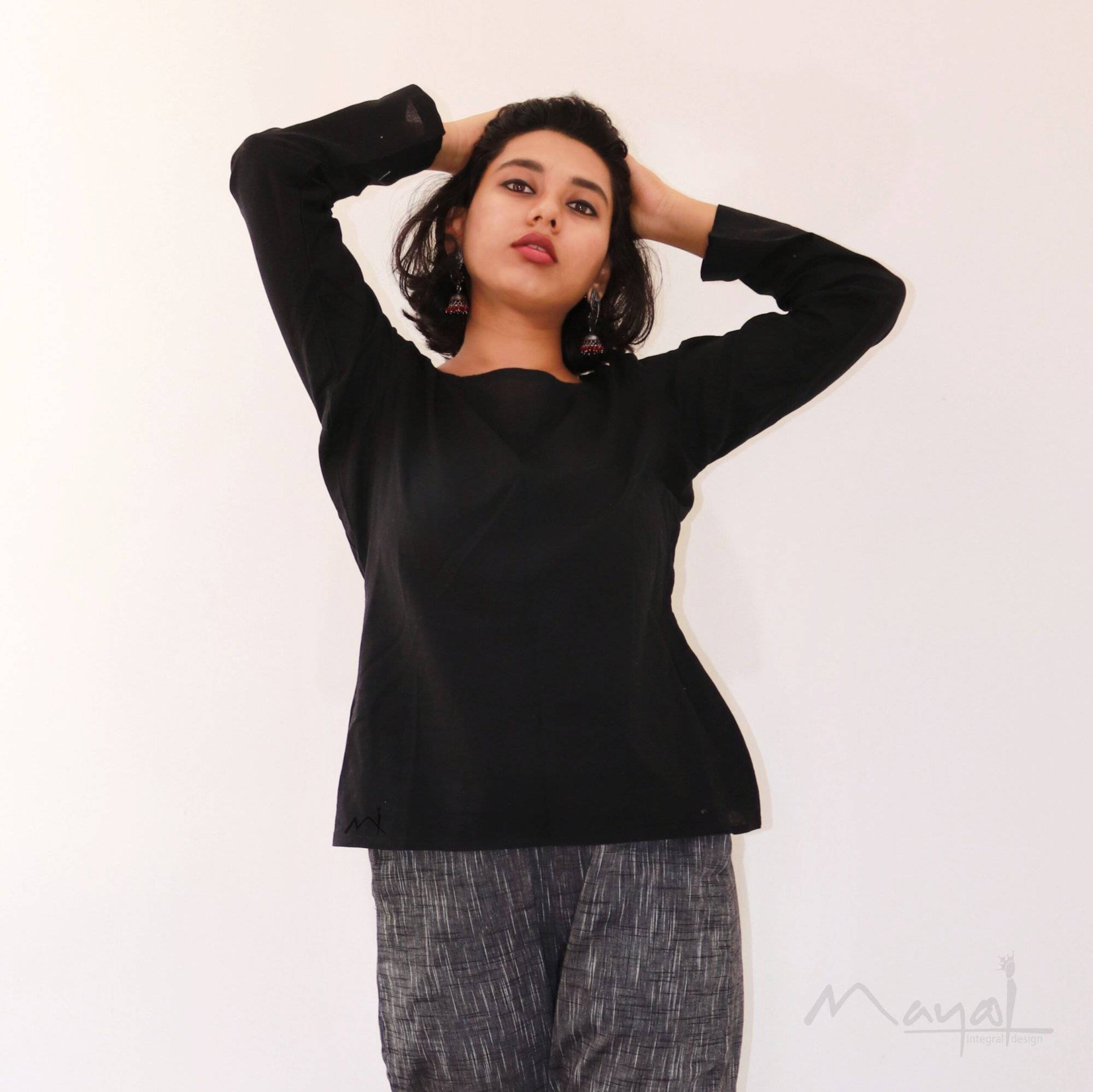 Black Full Sleeve Cotton Short Top