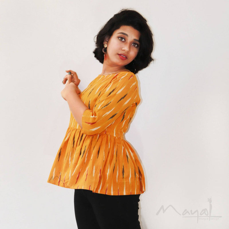 Yellow Ikat Pleated Short Top