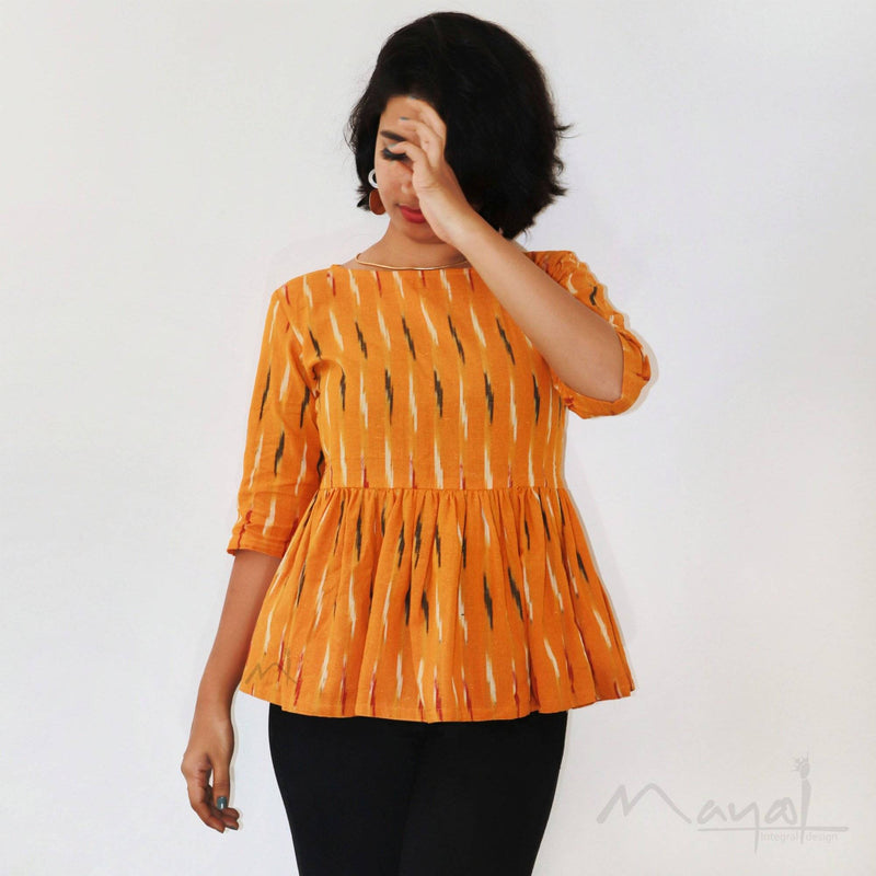 Yellow Ikat Pleated Short Top