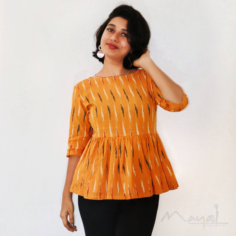 Yellow Ikat Pleated Short Top