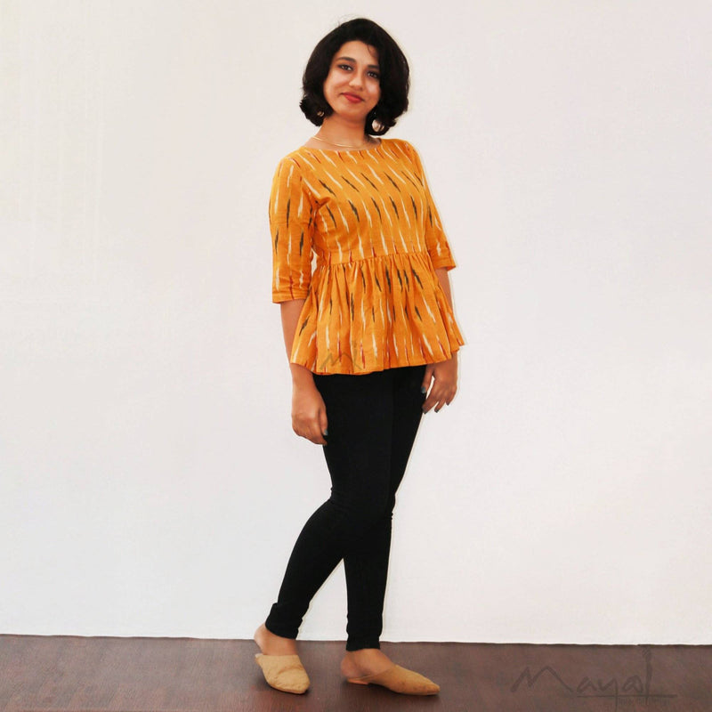 Yellow Ikat Pleated Short Top