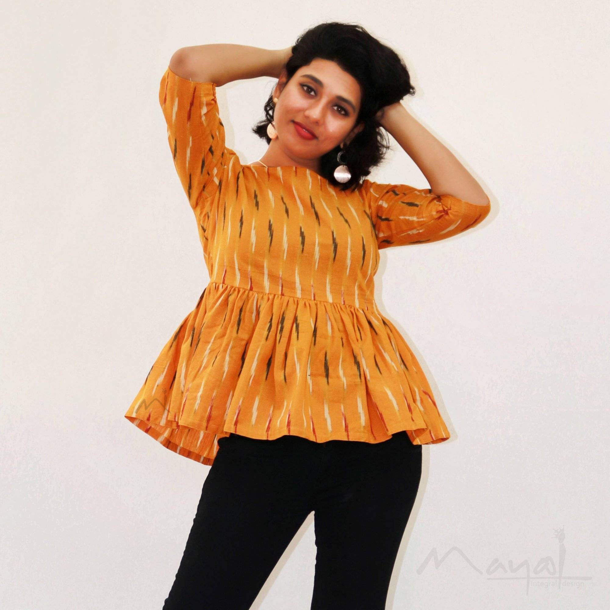 Yellow Ikat Pleated Short Top