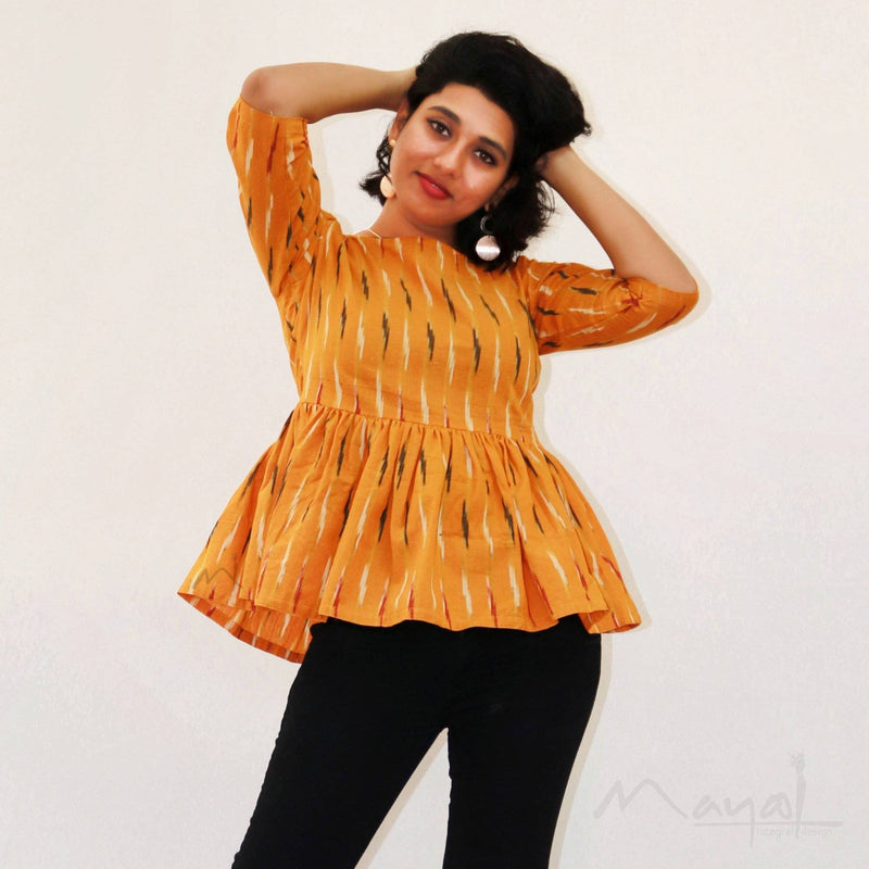 Yellow Ikat Pleated Short Top