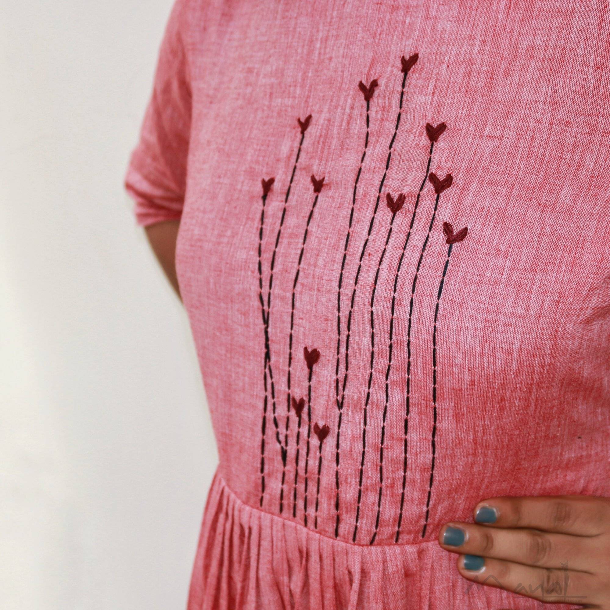 Reddish Pink Fit and Flare Cotton Dresses