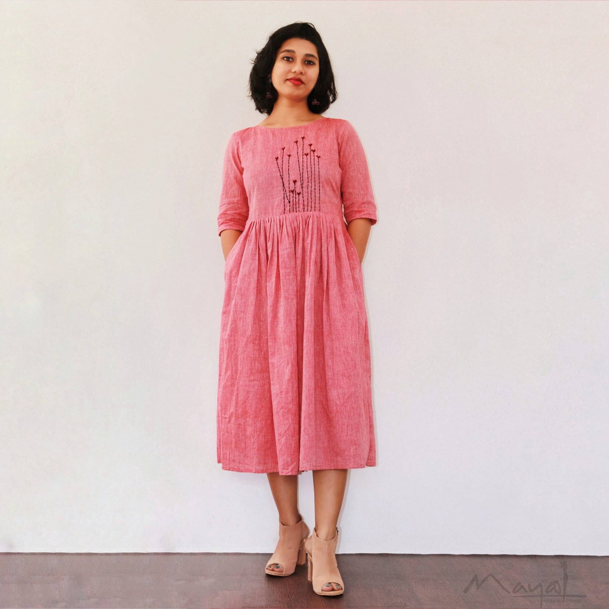 Reddish Pink Fit and Flare Cotton Dresses