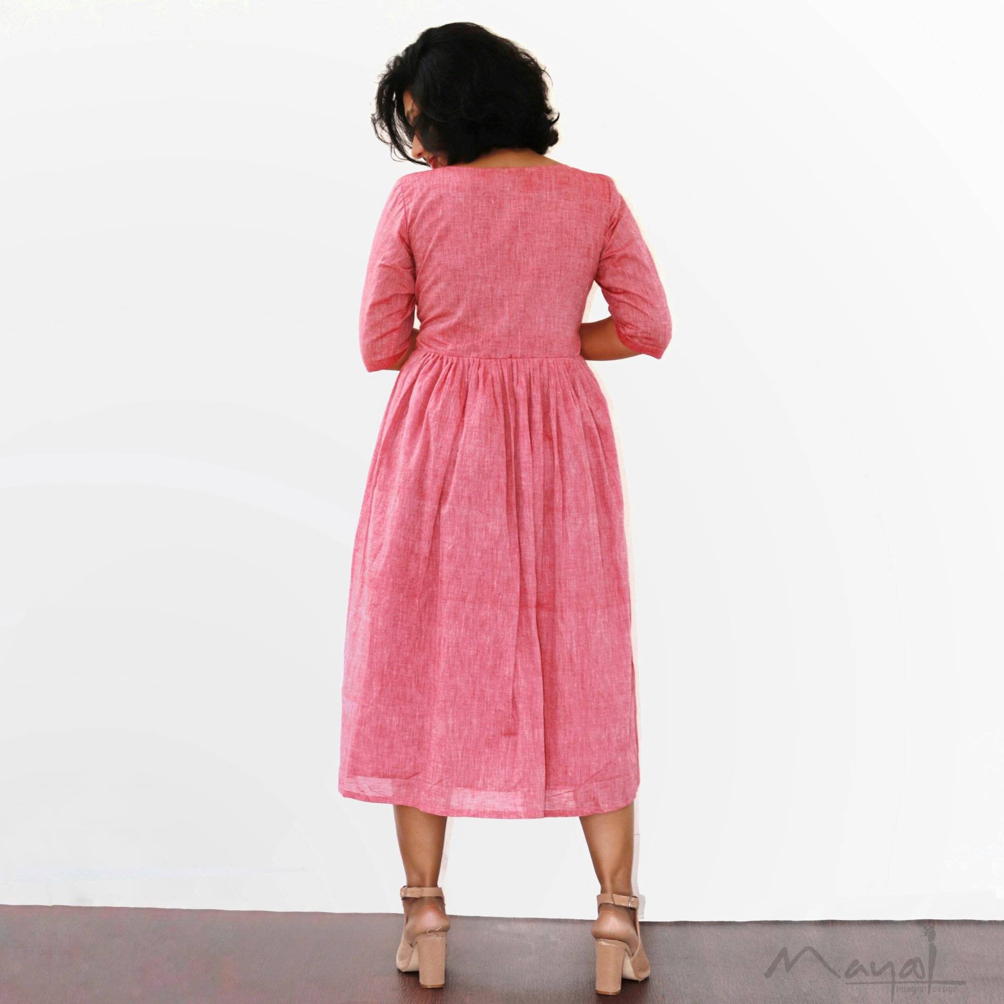 Reddish Pink Fit and Flare Cotton Dresses