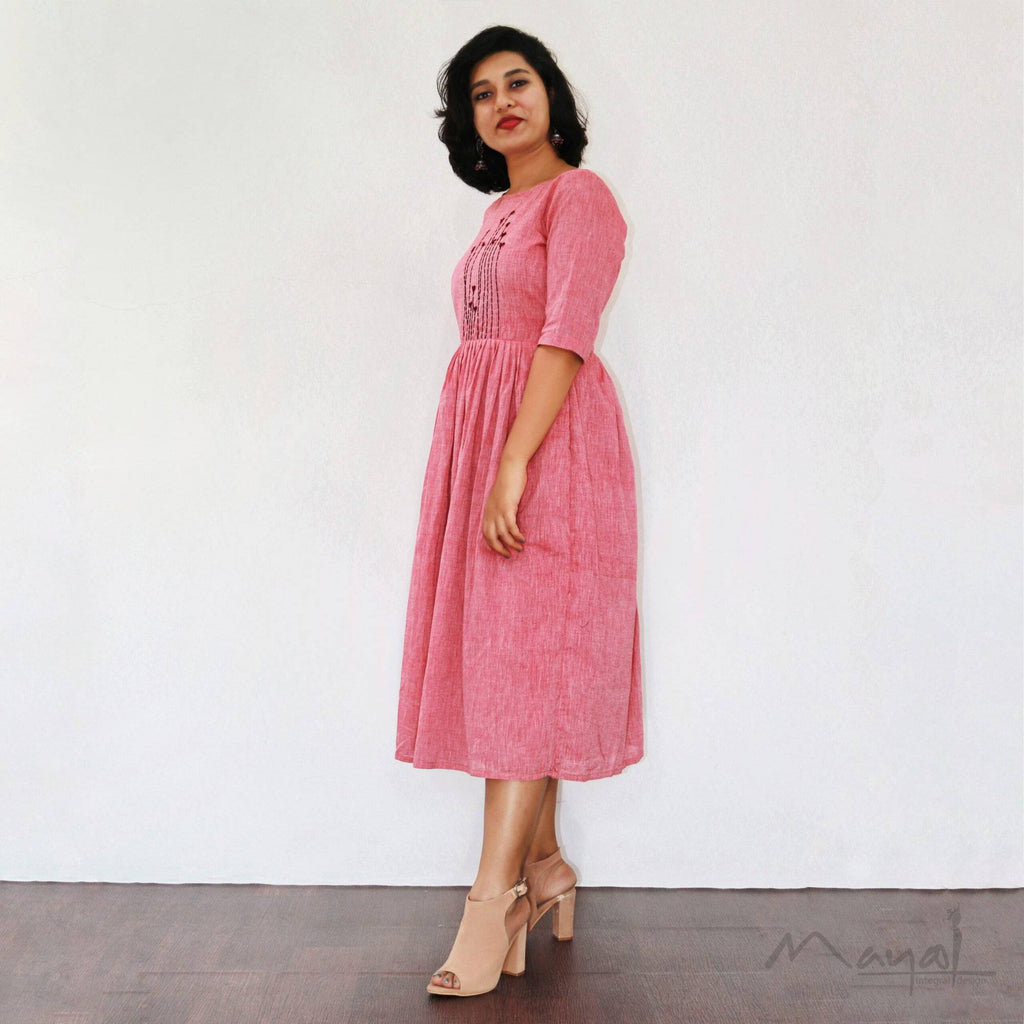 Reddish Pink Fit and Flare Cotton Dresses