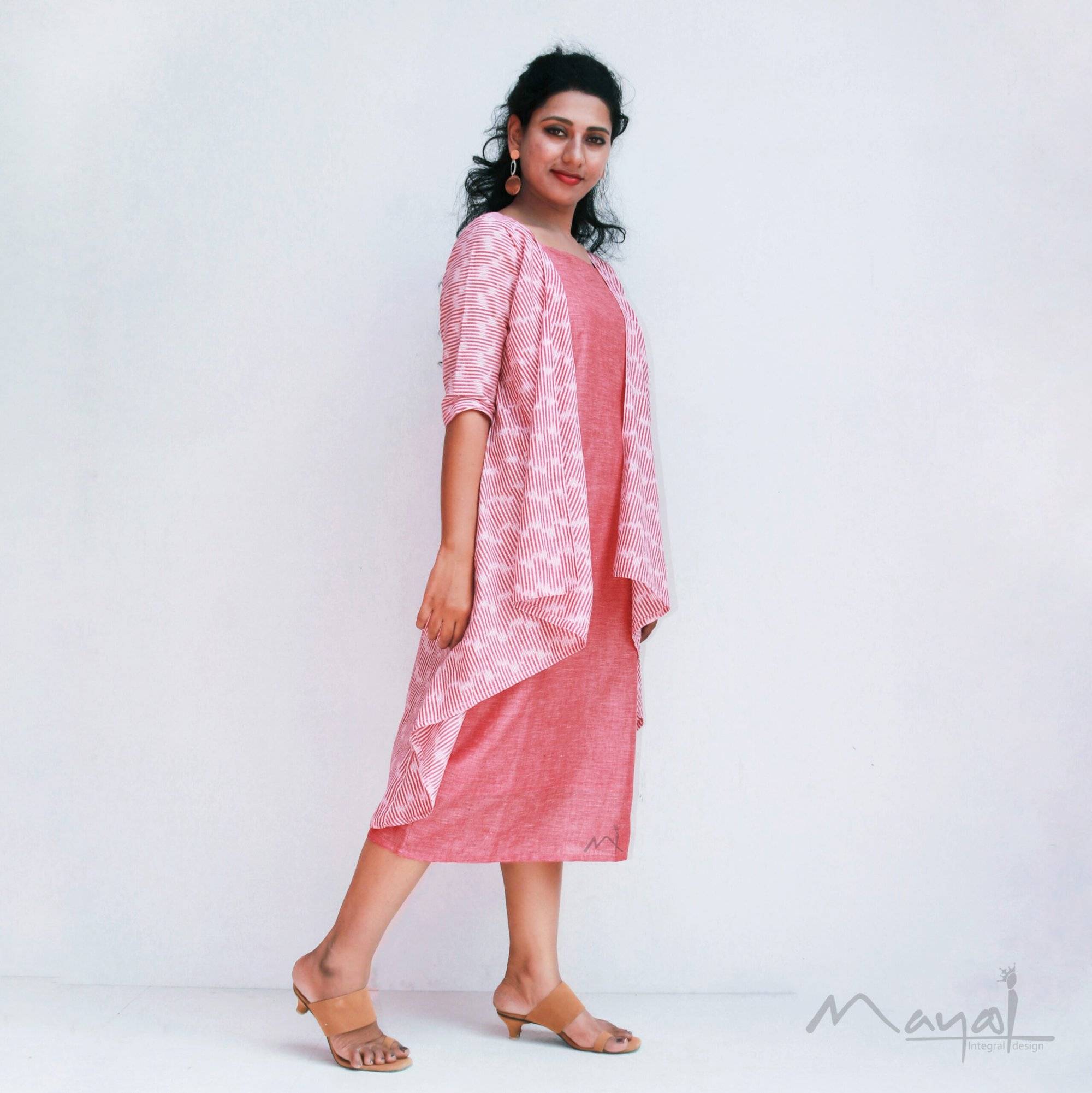 Pink Sleeveless Cotton Fit Dresses With Shrug