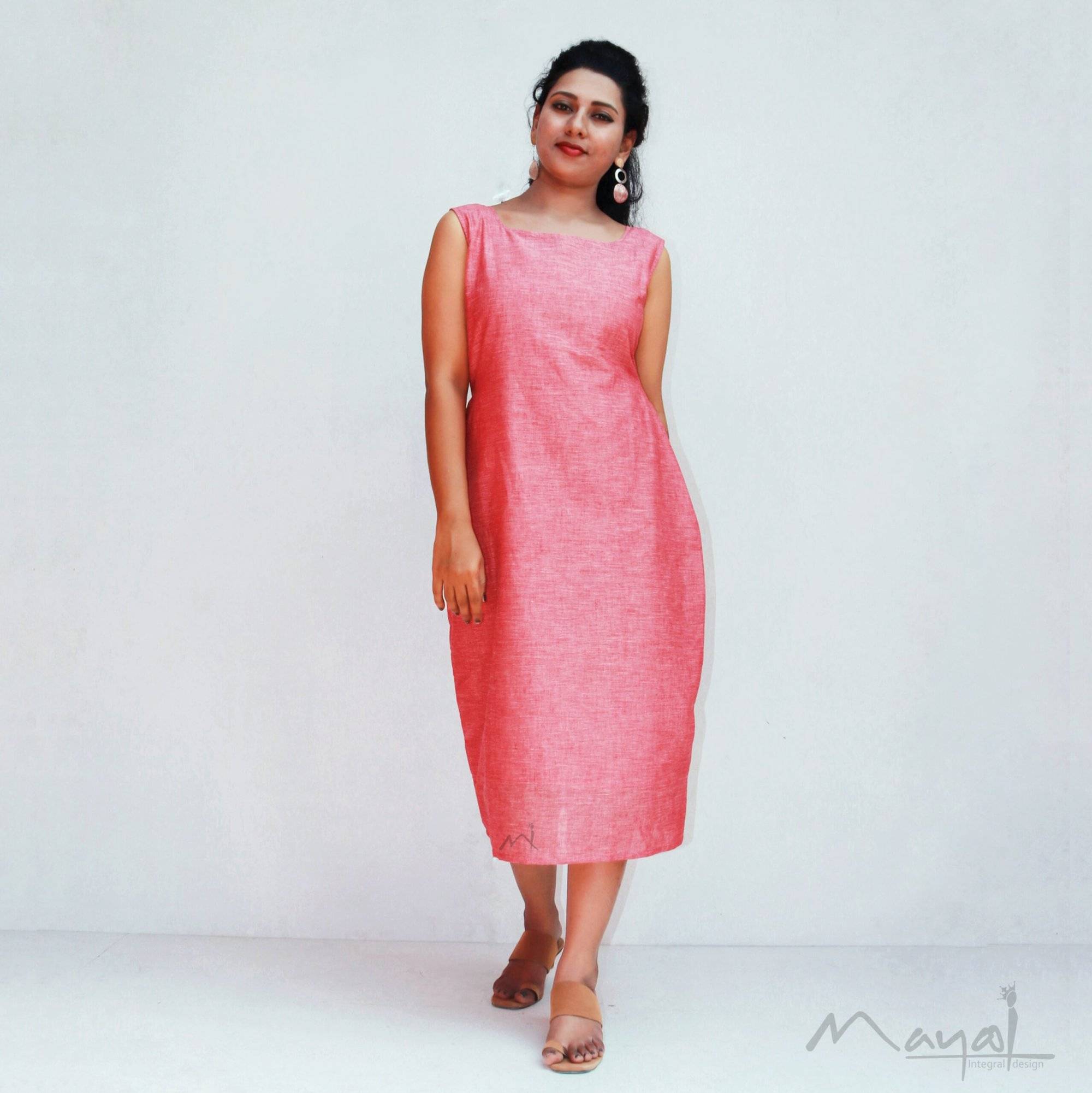 Pink Sleeveless Cotton Fit Dresses With Shrug