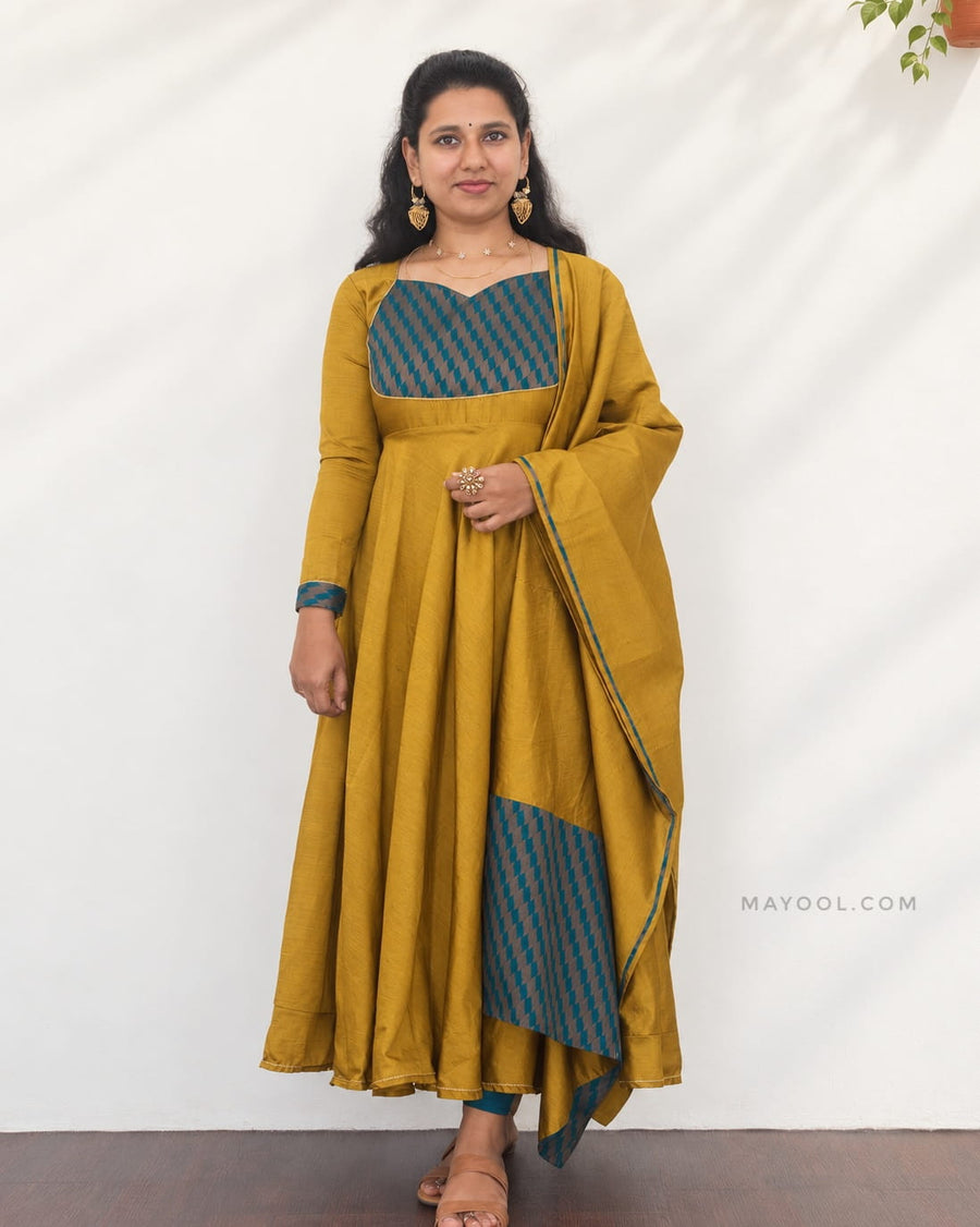Antique Mustard Gold Silk Cotton Anarkali Dresses