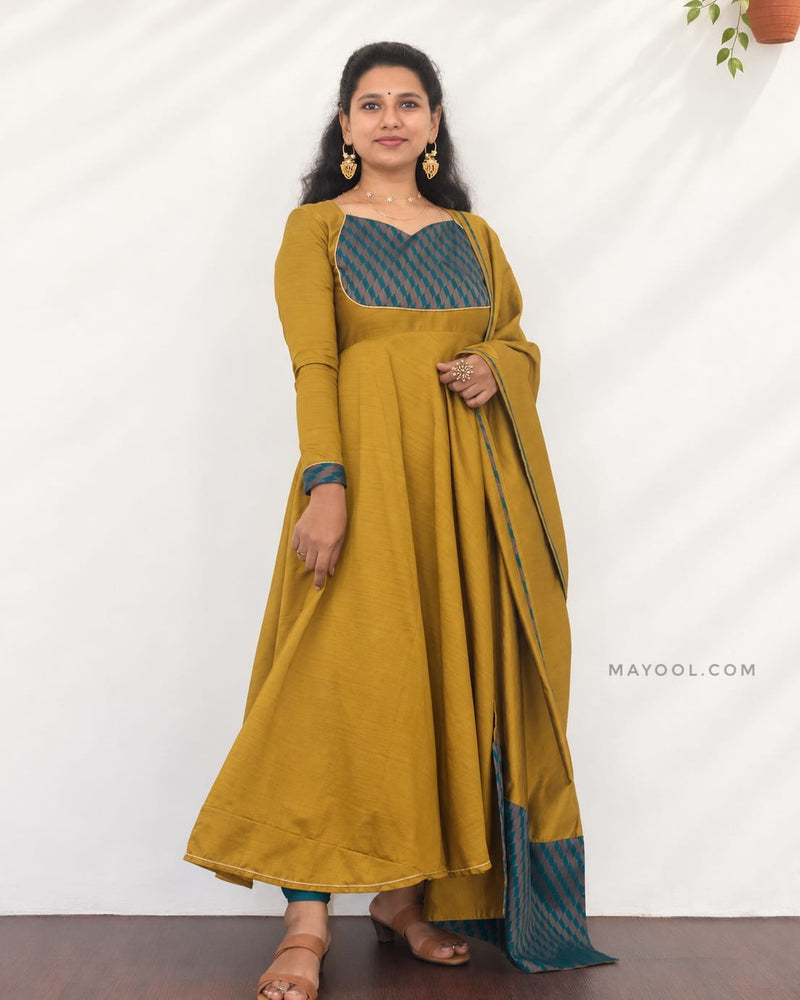 Antique Mustard Gold Silk Cotton Anarkali Dresses