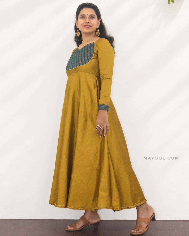 Antique Mustard Gold Silk Cotton Anarkali Dresses