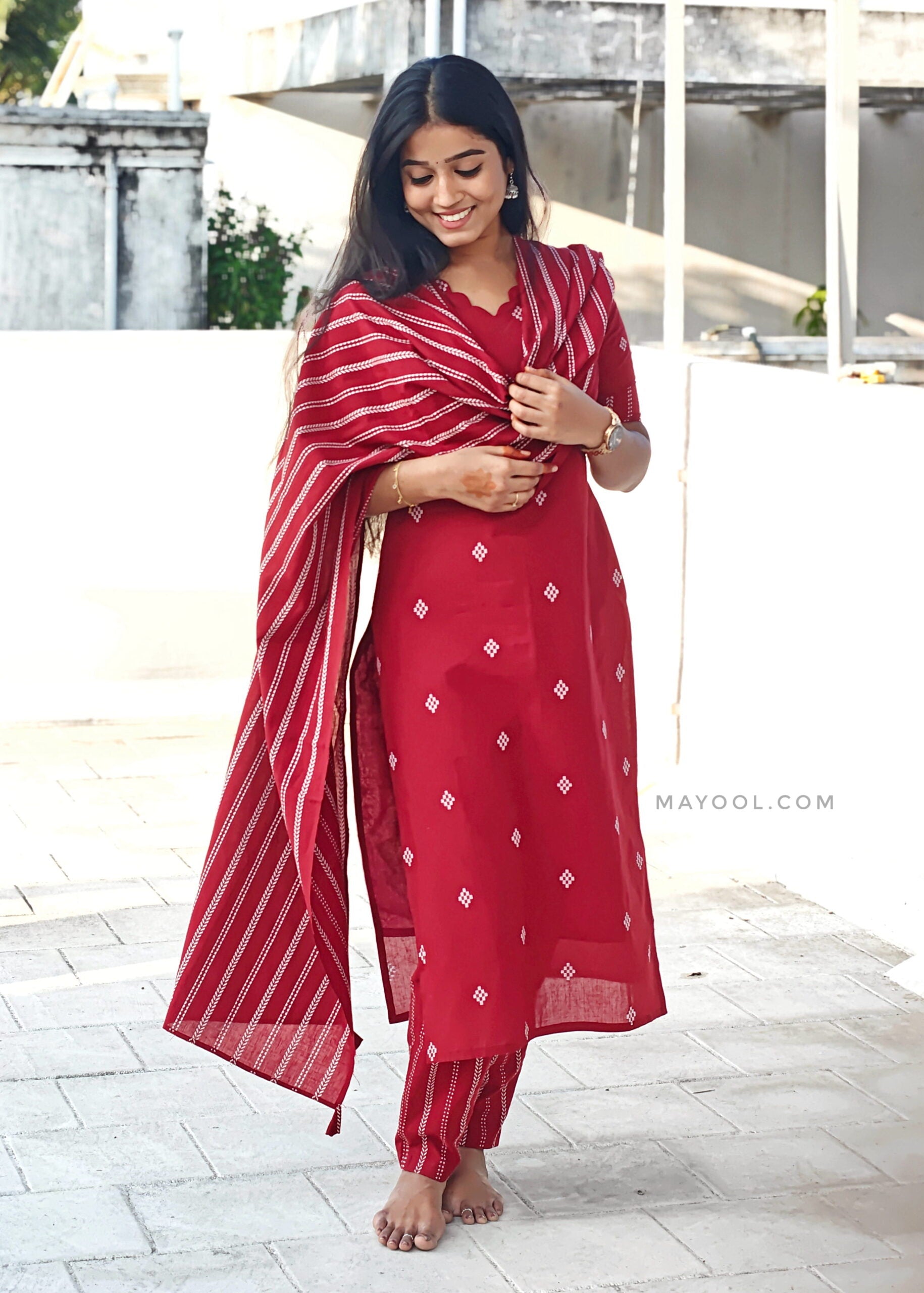 Apple Red Jamdani Cotton Kurta