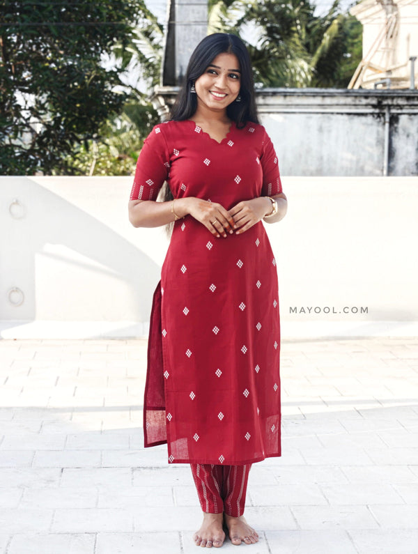 Apple Red Jamdani Cotton Kurta With Pant