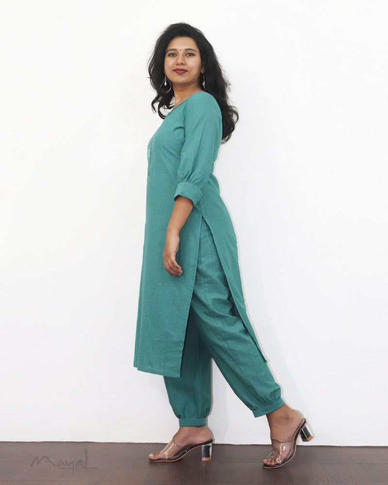 Aqua Blue Cotton Kurta With Minimal Embroidery