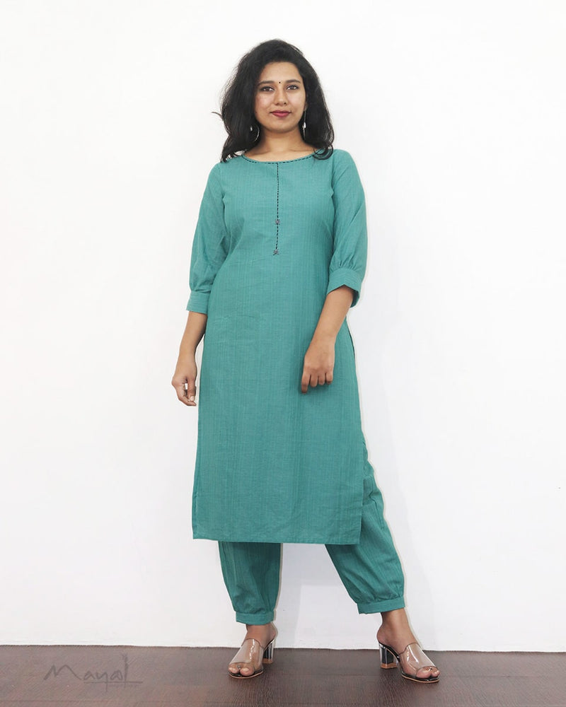 Aqua Blue Cotton Kurta With Minimal Embroidery