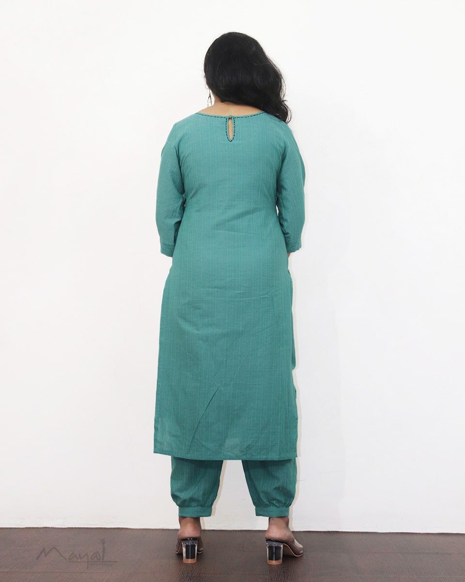 Aqua Blue Cotton Kurta With Minimal Embroidery
