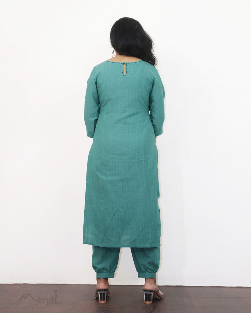 Aqua Blue Cotton Kurta With Minimal Embroidery