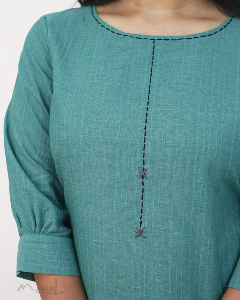Aqua Blue Cotton Kurta With Minimal Embroidery