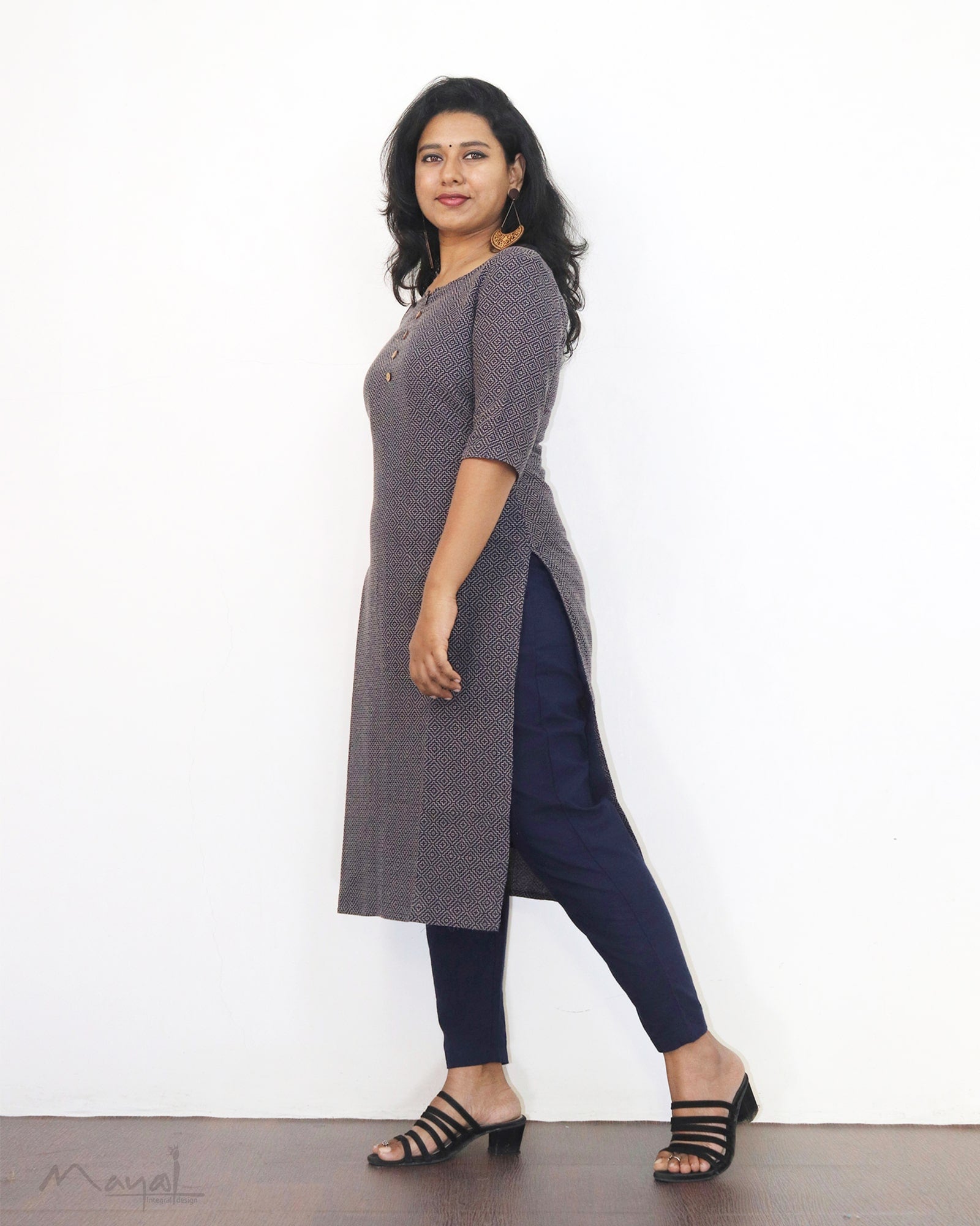 Dark Blue Self Design Jacquard Cotton Kurta