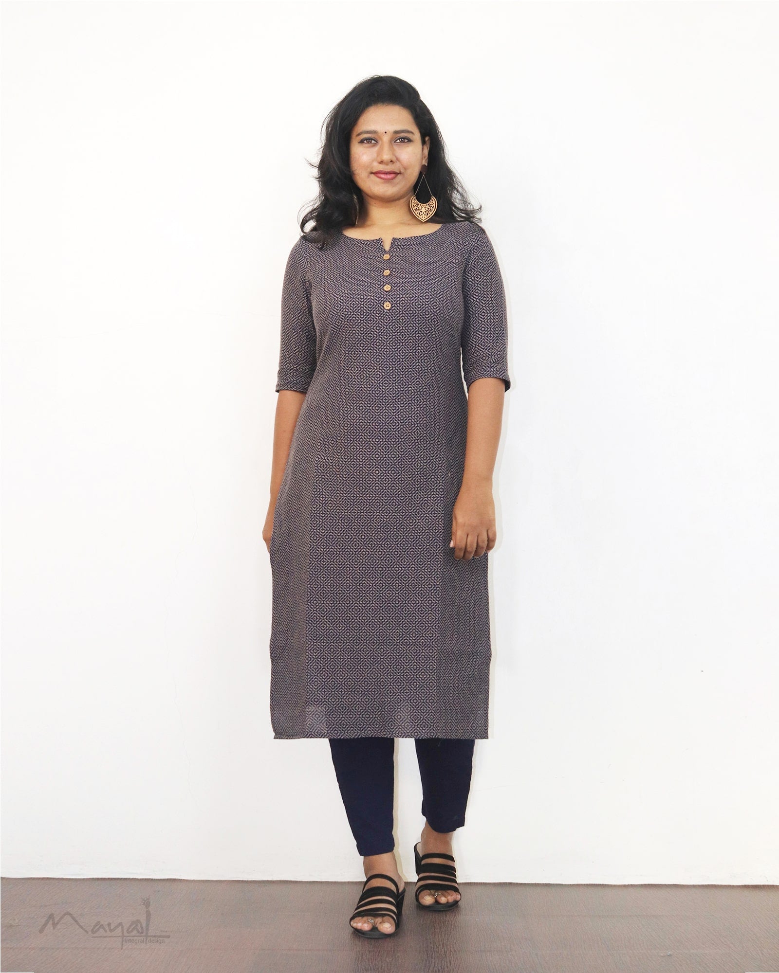 Dark Blue Self Design Jacquard Cotton Kurta
