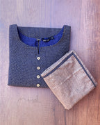 Dark Blue Self Design Jacquard Cotton Kurta