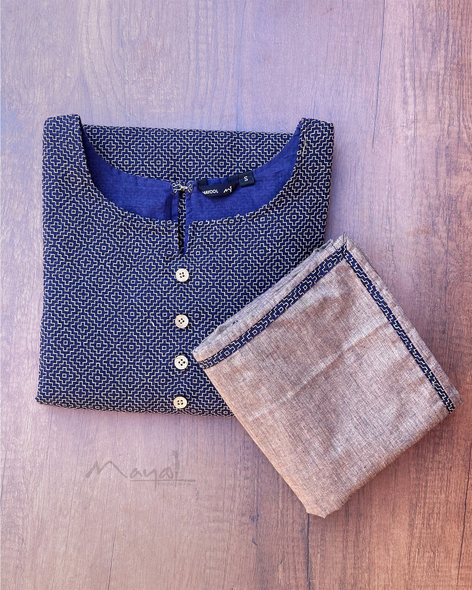 Dark Blue Self Design Jacquard Cotton Kurta