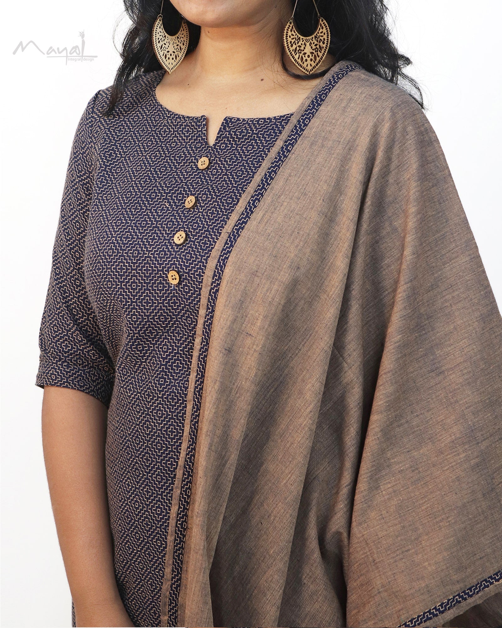Dark Blue Self Design Jacquard Cotton Kurta